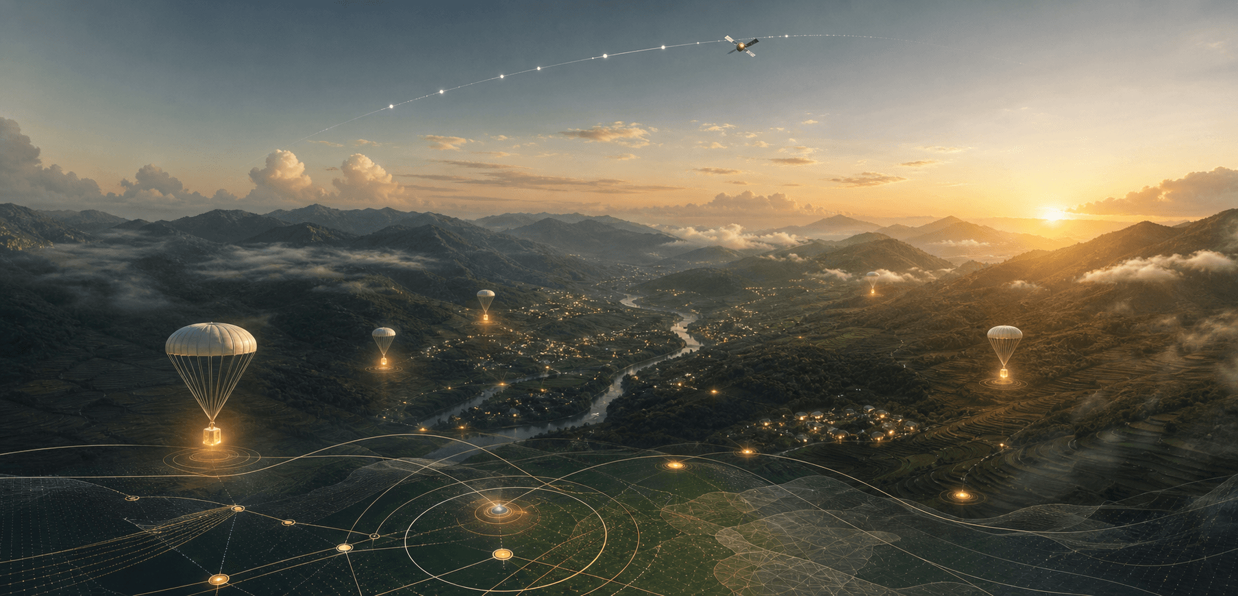 Generated aerial visualization of a remote valley with airdropped receiver nodes and satellite relay paths